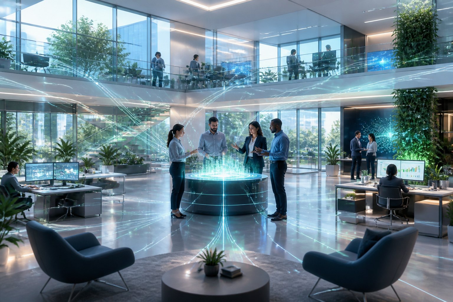 Collaboration futuriste dans un espace de travail moderne