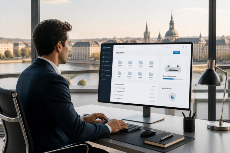 Professionnel gerant des documents sur ecran