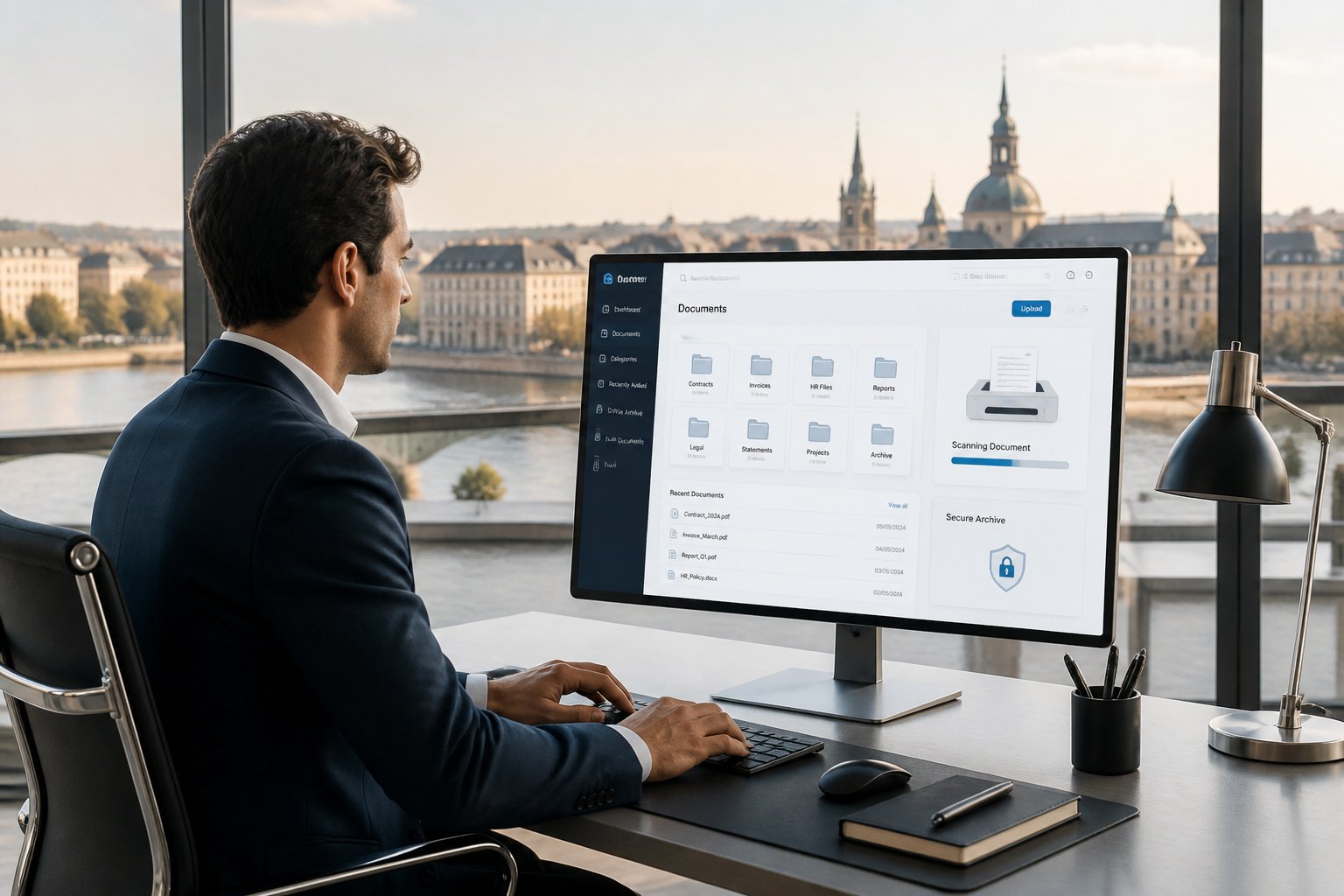Professionnel gerant des documents sur ecran