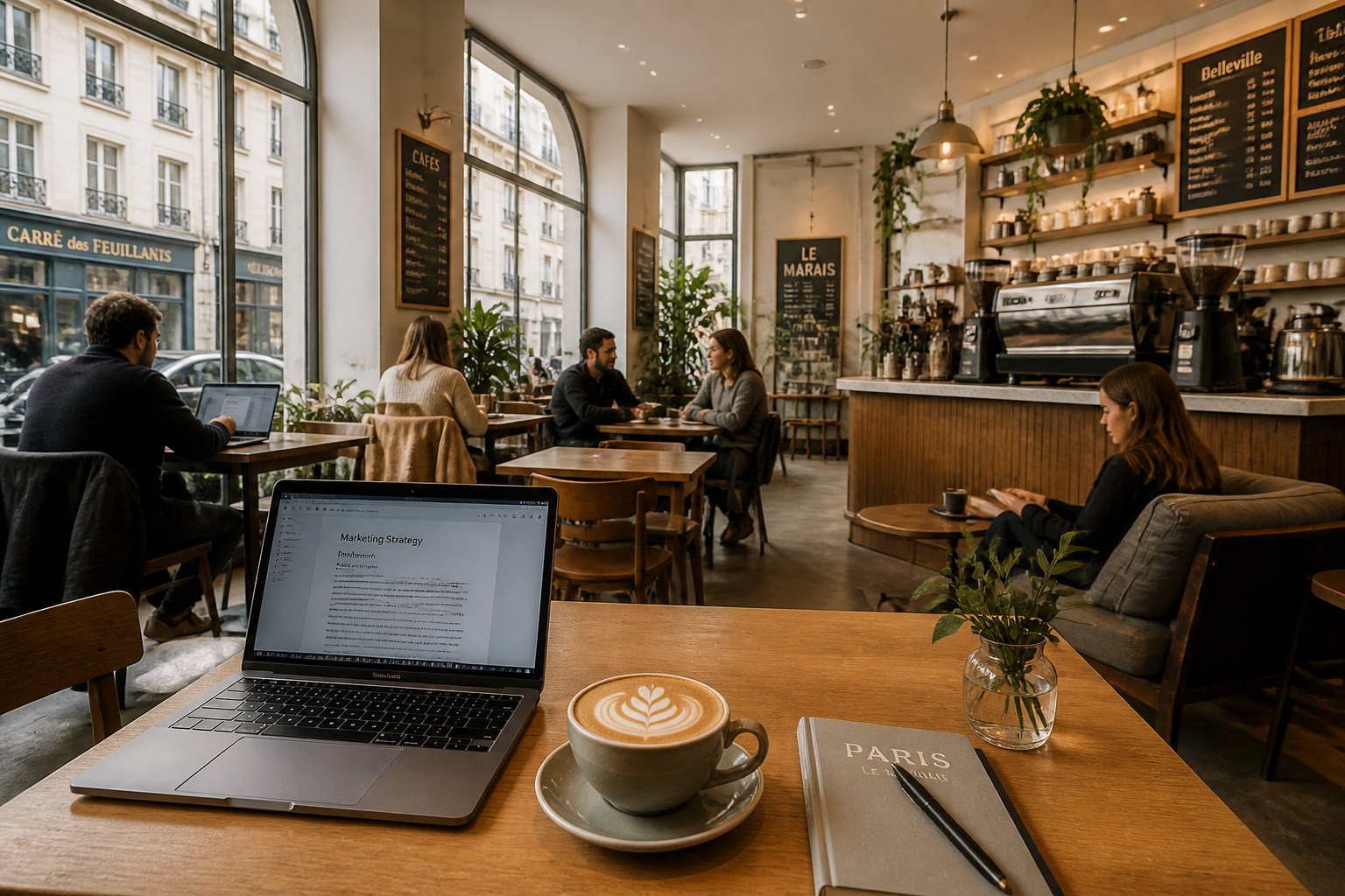 Cafe parisien ambiance studieuse et detendue